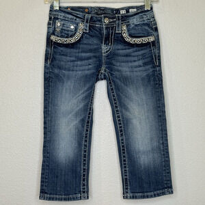 Miss Me Cuffed Capri Jeans Girls Sz 12 Medium Wash Back Flap Pockets Embellished